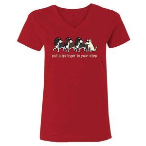 Put a Springer in Your Step Ladies MEDIUM V-neck RED Short Sleeve T-shirt NWT